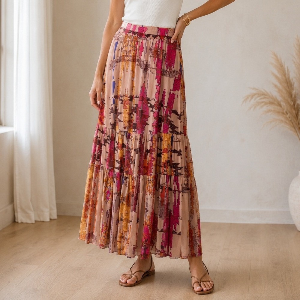 FUZZI Abstract Geometric Tiered Mesh Maxi Skirt Boho Artistic Pink Sz M